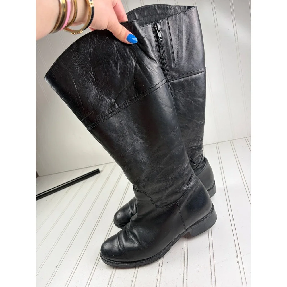 Manas Vintage Black Leather Shearling Lined Tall Riding Boots Women's Size 8.5
